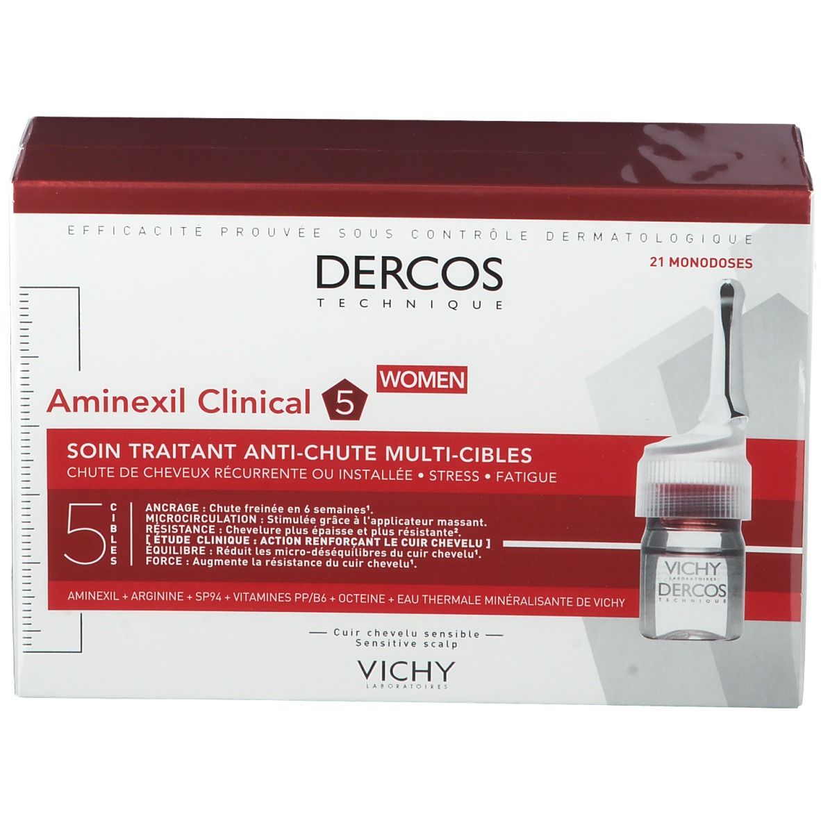 Verpakking met 21 monodoses. Opschrift: Dercos Technique, Aminexil Clinical 5 Women. Ampul ernaast.