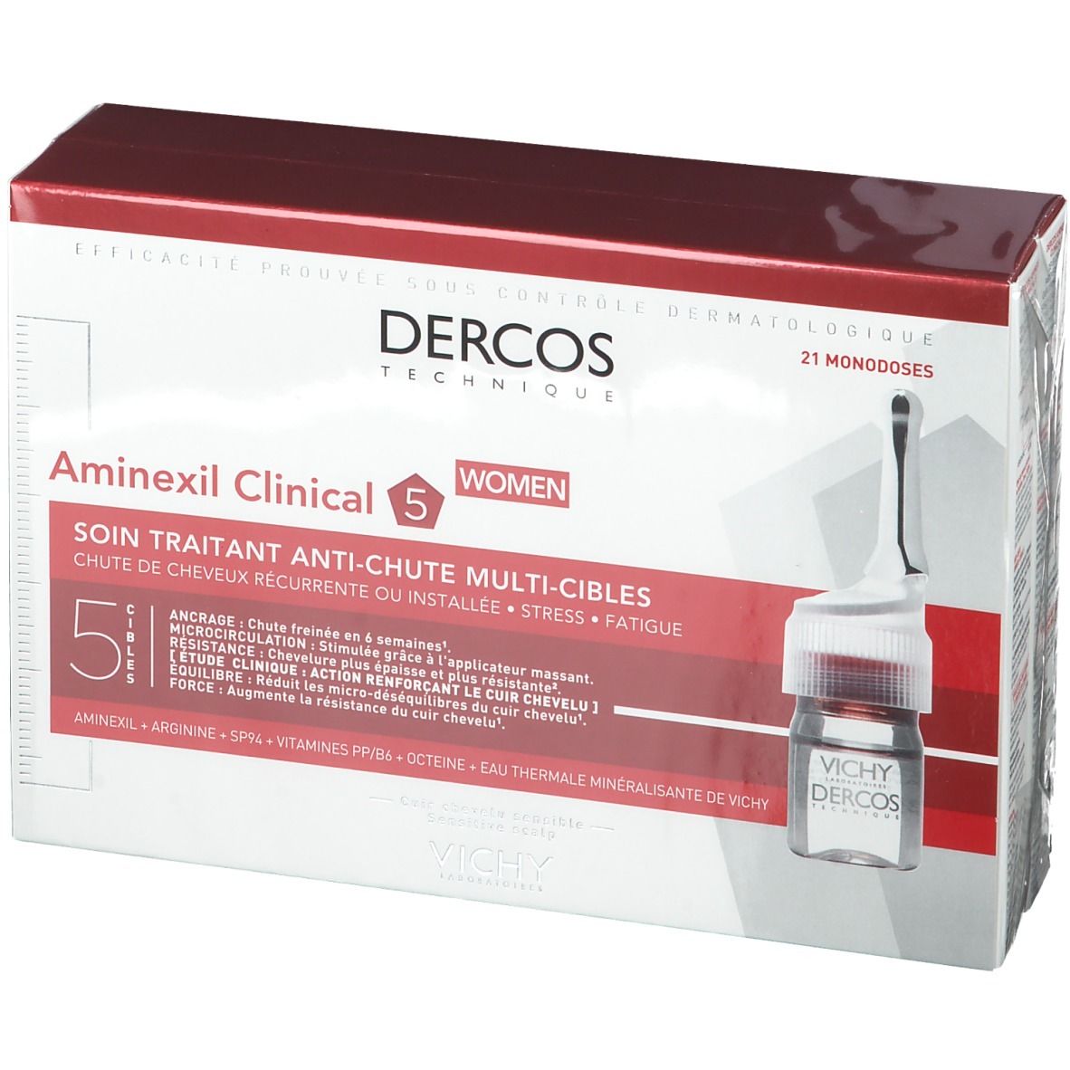 Verpakking met 21 monodoses. Opschrift: Dercos Technique, Aminexil Clinical 5 Women. Ampul ernaast.