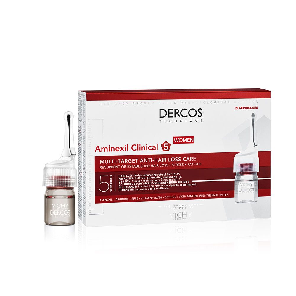 Verpakking met 21 monodoses en een ampul. Opschrift: Dercos Technique, Aminexil Clinical 5 Women.