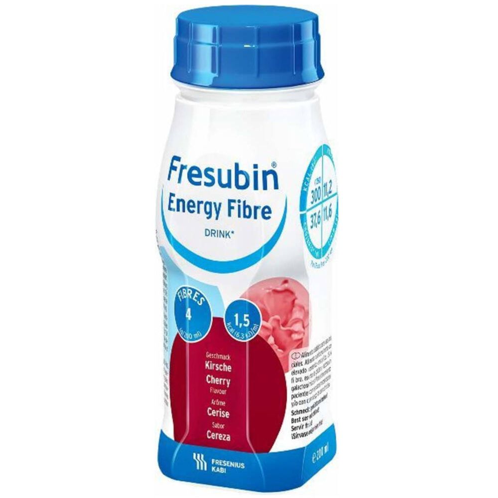 Bouteille de Fresubin Energy Fibre Drink Cerise. Bouchon bleu, étiquette blanche avec informations et image de cerise.
