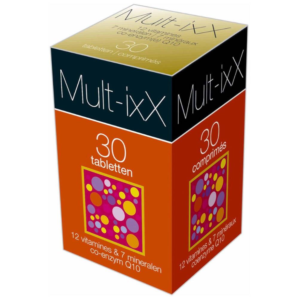 Scatola Mult-ixx. Scritta: 30 compresse, 12 vitamine e 7 minerali, coenzima Q10. Cerchi multicolori.