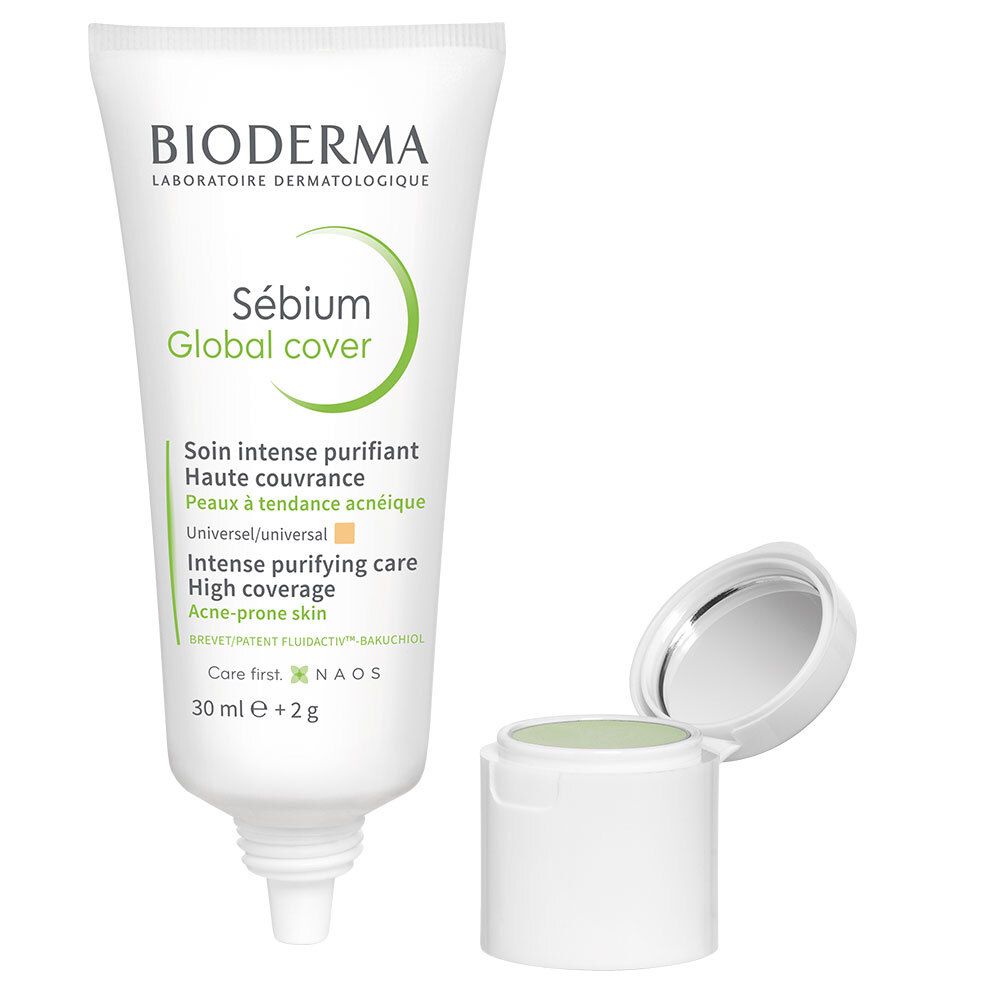 Tube und Deckel mit grünem Korrekturstift. BIODERMA Sébium Global Cover Creme. 30 ml + 2 g. Aufdruck in Grün.