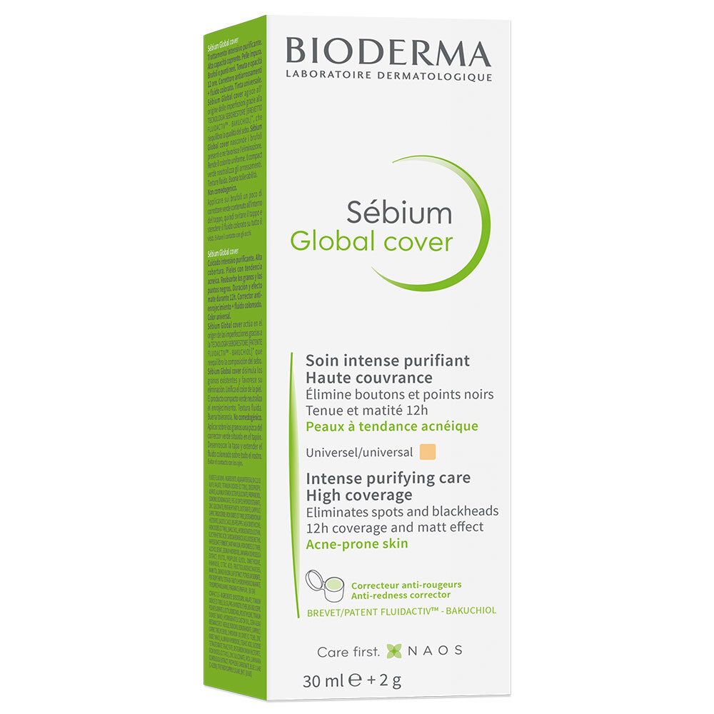 Kartonverpackung mit BIODERMA Sébium Global Cover Creme. Text in Grün und Weiß. 30 ml + 2 g.