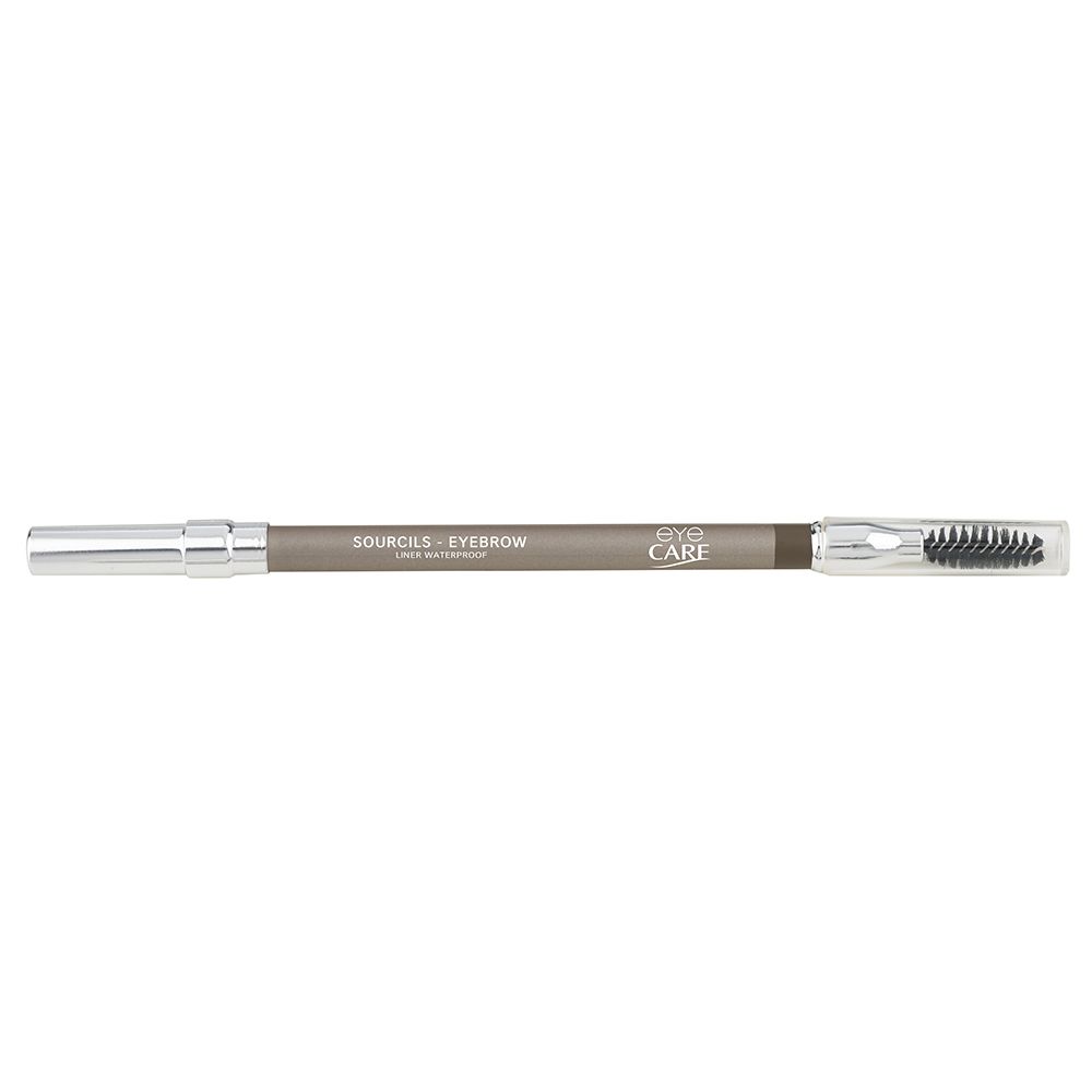 Augenbrauenstift mit Bürste. Silberfarben, dunkelbraune Mine. Text: SOURCILS - EYEBROW, eye CARE.