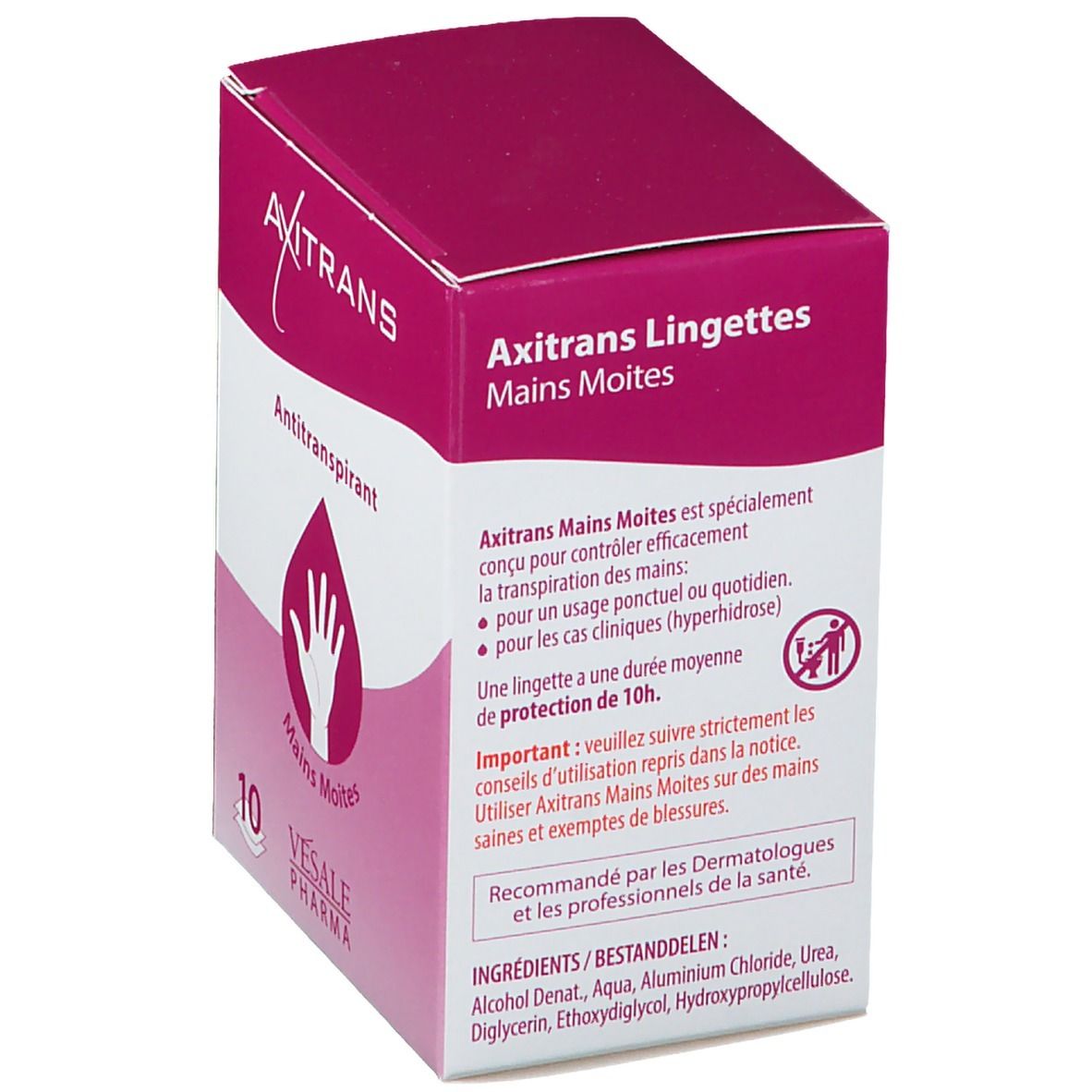 Rosa Schachtel mit AXITRANS-Logo und Text. Enthält 10 Tücher. Produktbeschreibung auf der Rückseite. Vesale Pharma.