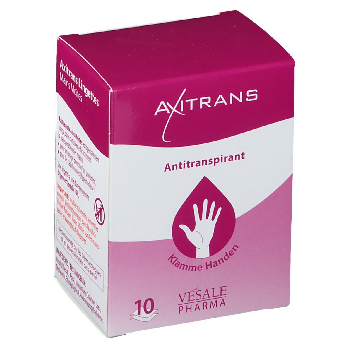 Rosa Schachtel mit AXITRANS-Logo, Antiperspirant-Schriftzug und Hand-Symbol. Enthält 10 Tücher. Vesale Pharma.