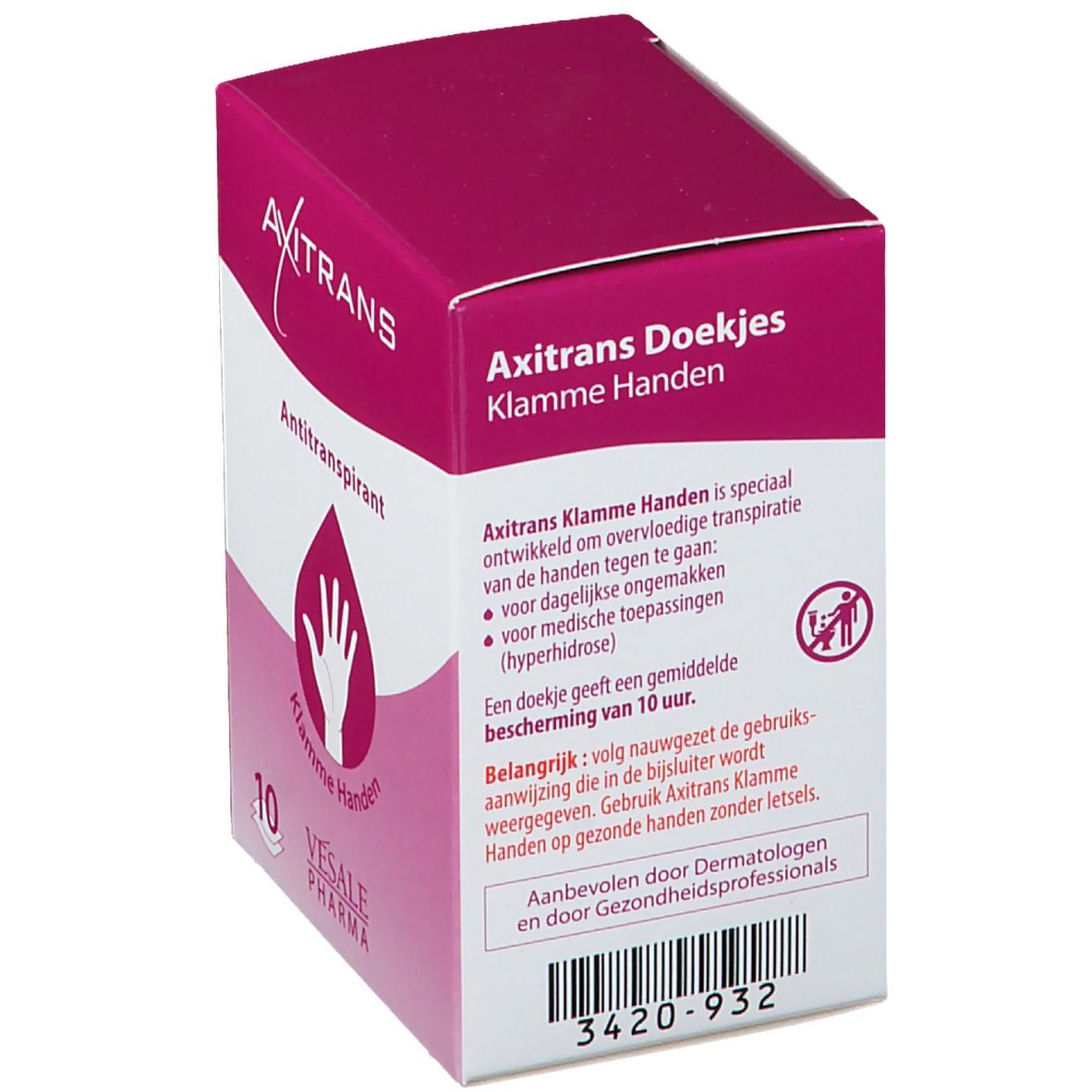 Rosa Schachtel mit AXITRANS-Logo, Antiperspirant-Schriftzug und Hand-Symbol. Enthält 10 Tücher. Vesale Pharma.