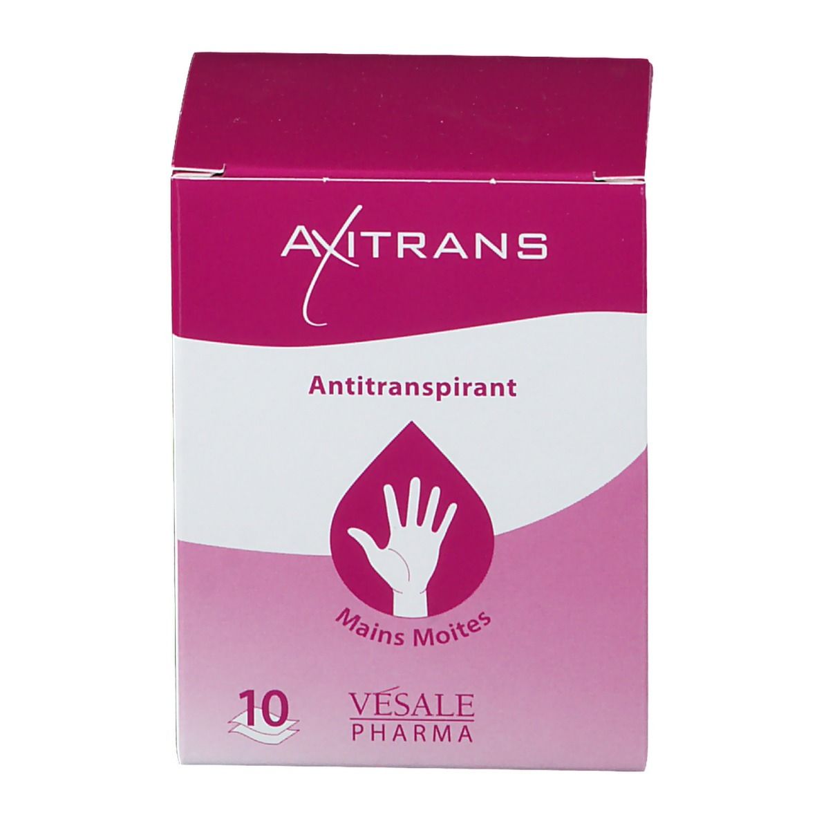 Rosa Schachtel mit AXITRANS-Logo, Antiperspirant-Schriftzug und Hand-Symbol. Enthält 10 Tücher. Vesale Pharma.