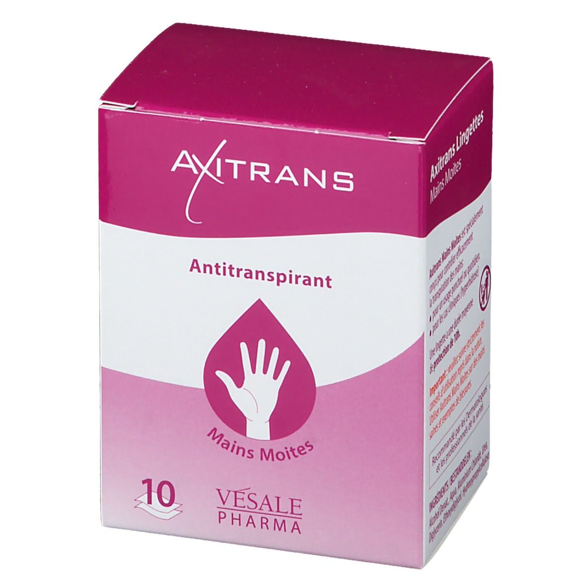 Rosa Schachtel mit AXITRANS-Logo, Antiperspirant-Schriftzug und Hand-Symbol. Enthält 10 Tücher. Vesale Pharma.