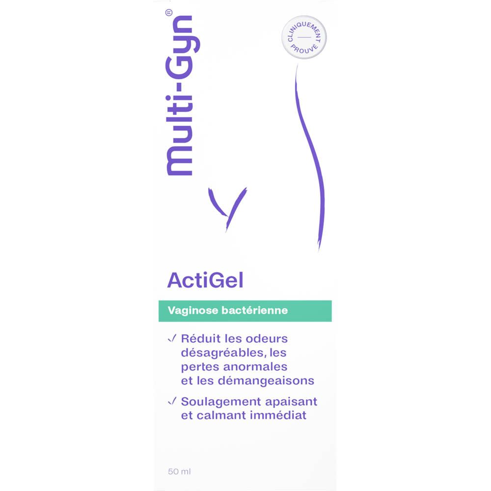 Tube ActiGel et emballage. Multi-Gyn et ActiGel sont visibles. Un applicateur est présent.