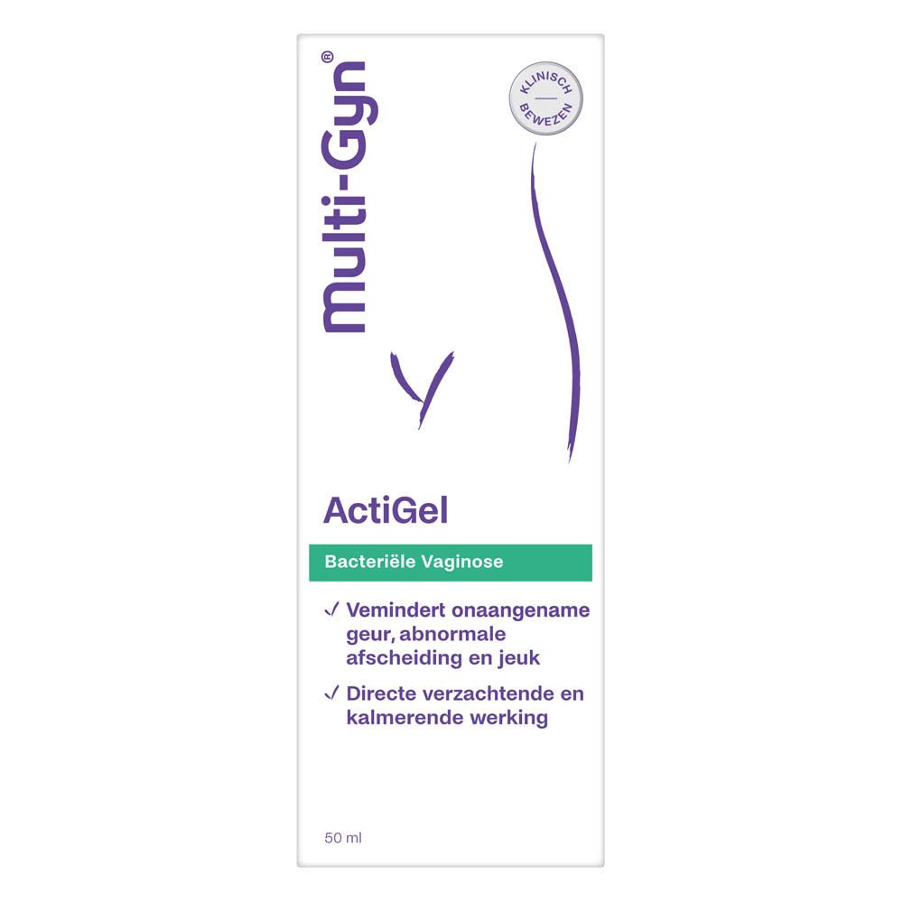 Tube ActiGel en verpakking. Multi-Gyn en ActiGel zijn zichtbaar. Een applicator is aanwezig.