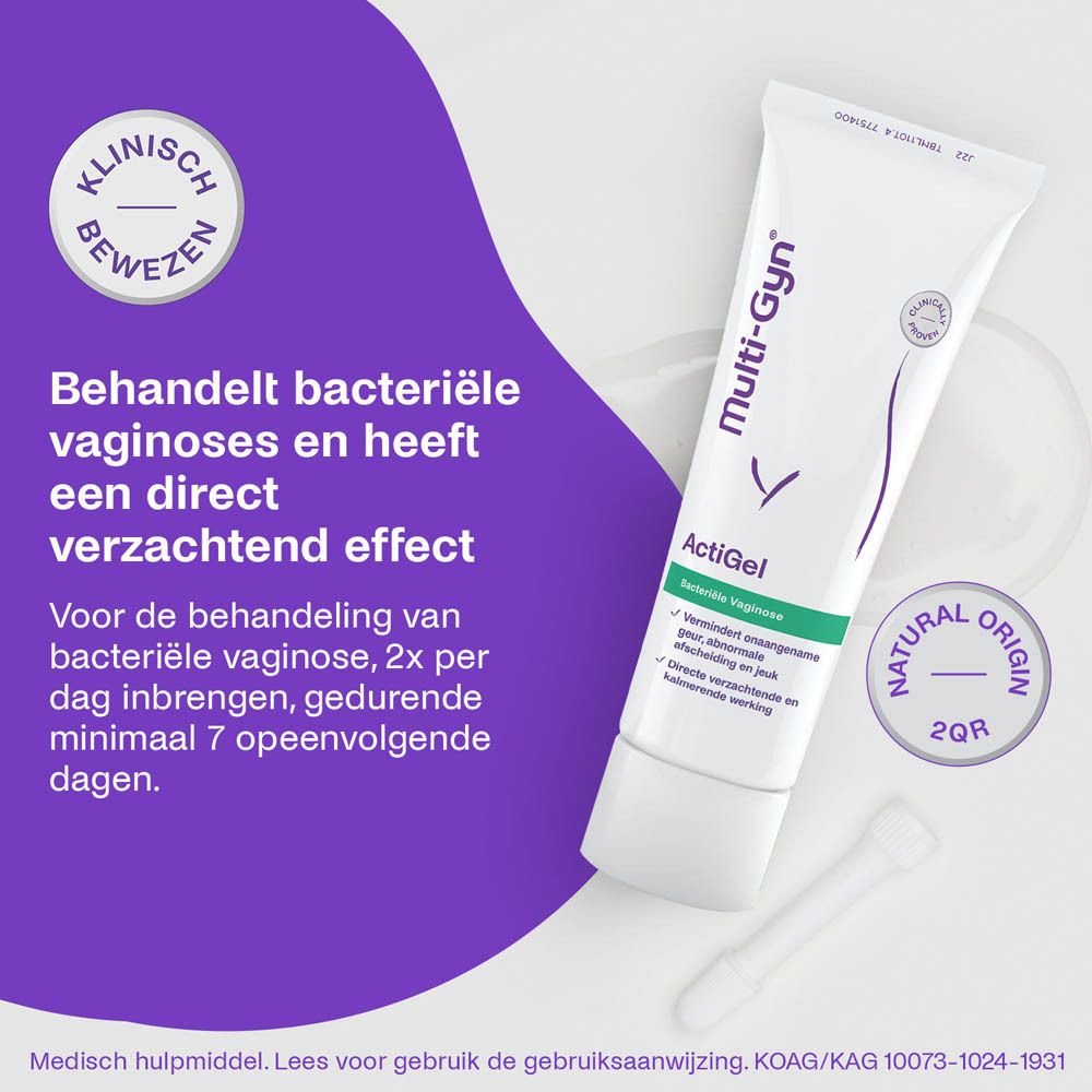 Tube ActiGel en verpakking. Multi-Gyn en ActiGel zijn zichtbaar. Klinisch bewezen.
