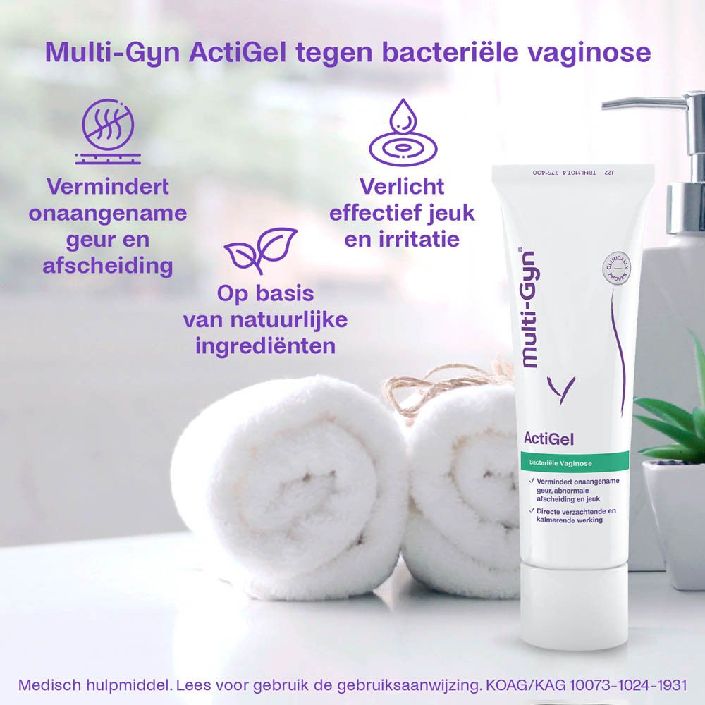 Productverpakking. Multi-Gyn en ActiGel zijn zichtbaar. Klinisch bewezen.