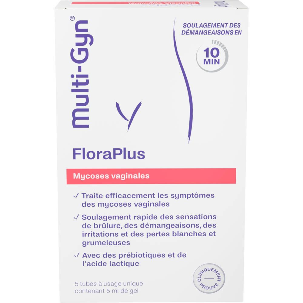 Emballage Multi-Gyn FloraPlus. Inscription: Mycoses vaginales, soulage les démangeaisons en 10 min. Contient 5 tubes.