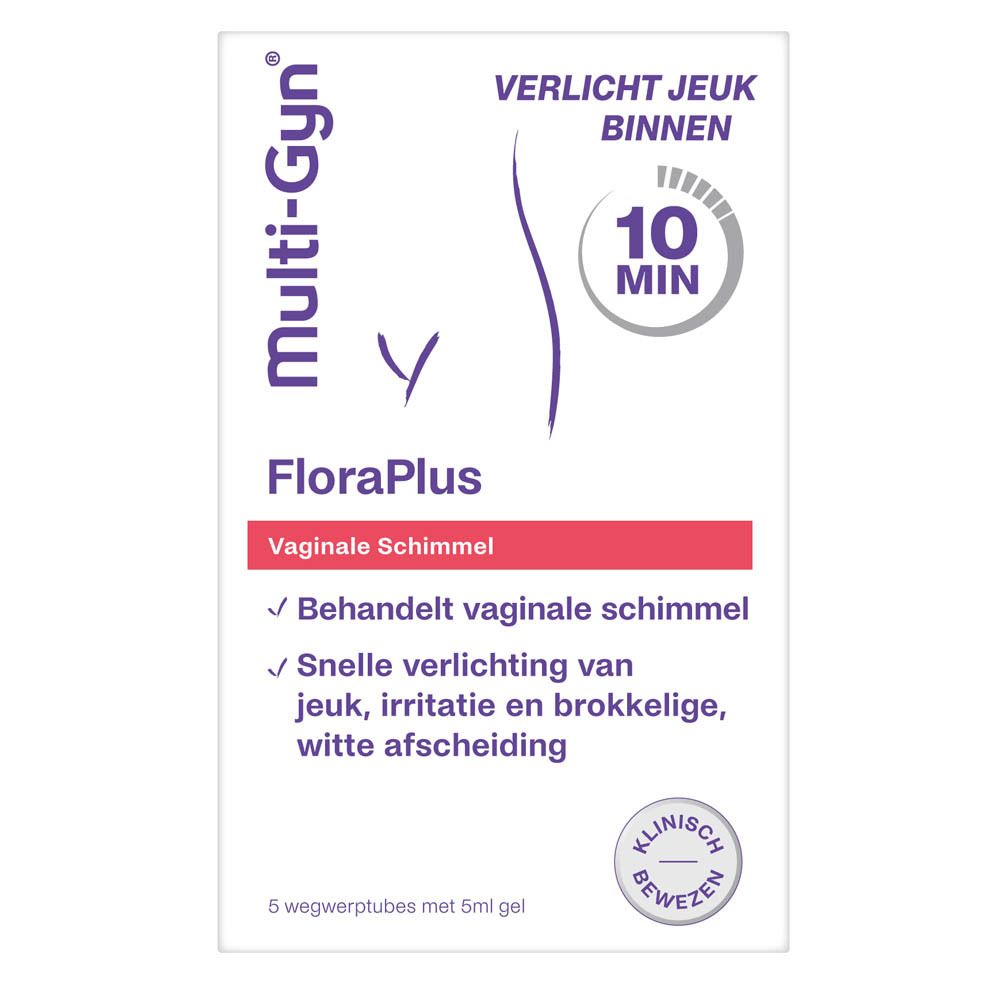 Verpakking Multi-Gyn FloraPlus. Opschrift: Vaginale schimmel, verlicht jeuk binnen 10 min. Bevat 5 tubes.