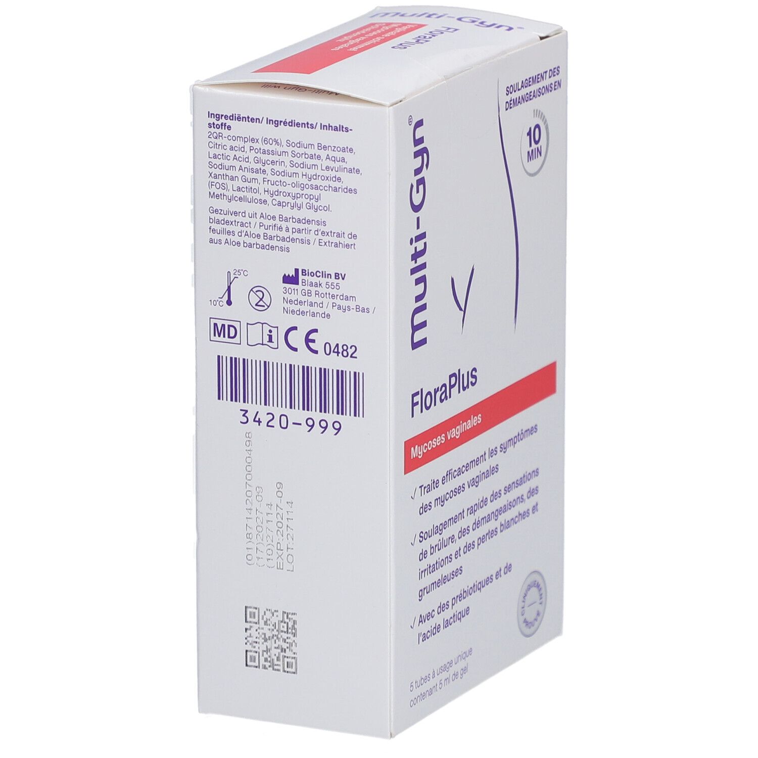 Achterkant verpakking Multi-Gyn FloraPlus. Ingrediënten, lotnummer, vervaldatum en CE-markering.