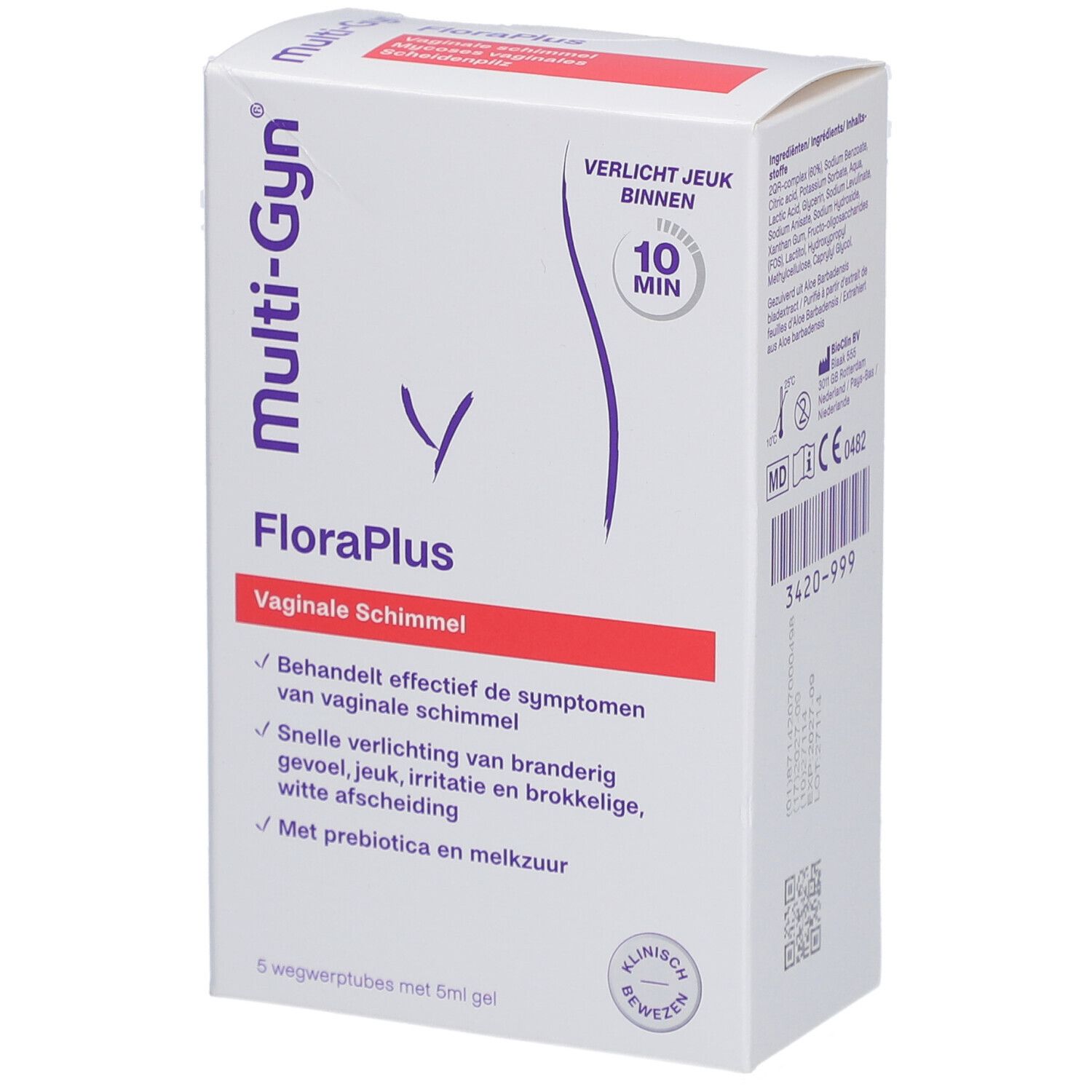 Verpakking Multi-Gyn FloraPlus. Opschrift: Vaginale schimmel, verlicht jeuk binnen 10 min. Bevat 5 tubes.