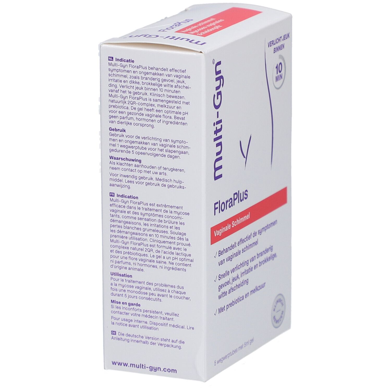 Verpakking Multi-Gyn FloraPlus. Opschrift: Vaginale schimmel, verlicht jeuk binnen 10 min. Bevat 5 tubes.