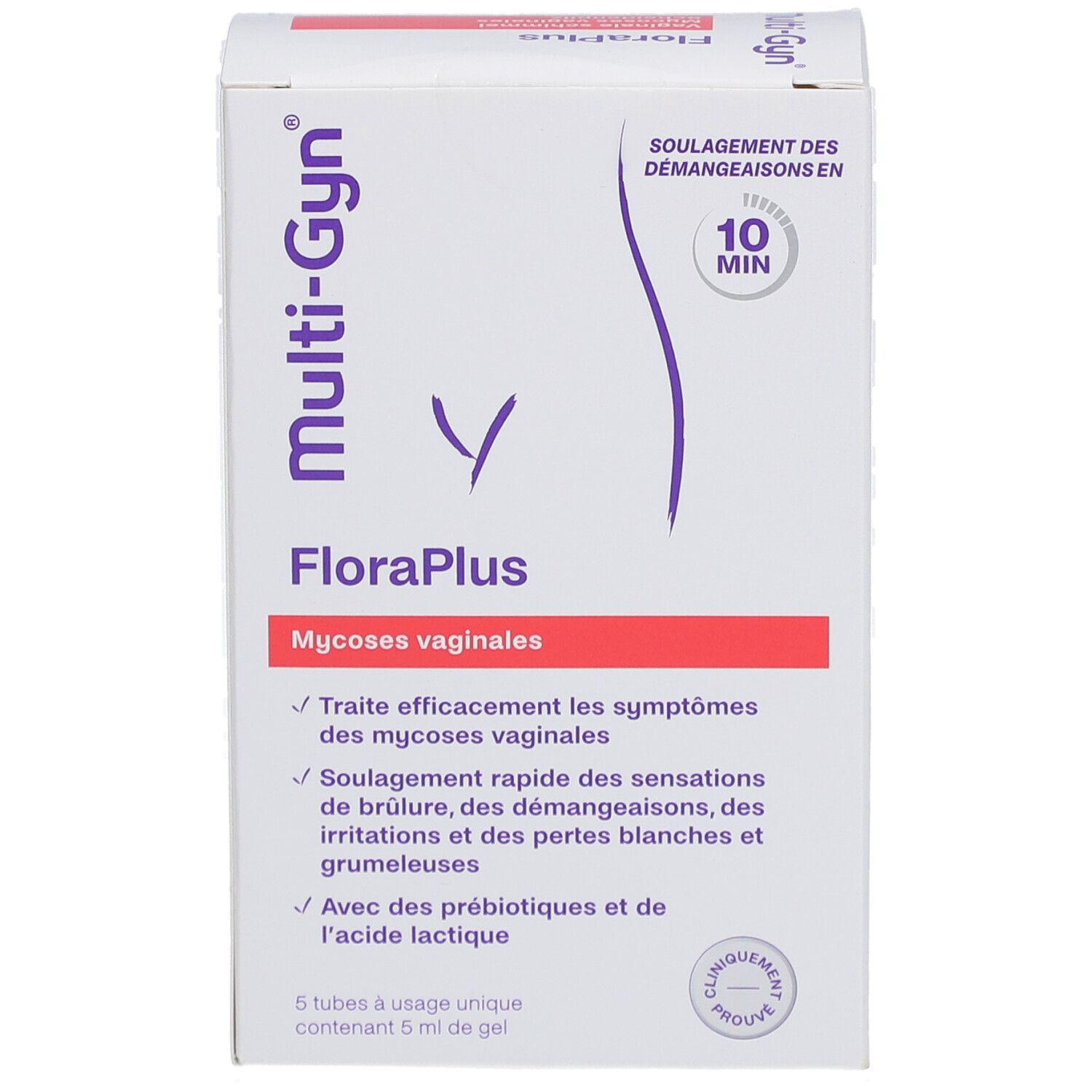 Verpakking Multi-Gyn FloraPlus. Opschrift: Vaginale schimmel, verlicht jeuk binnen 10 min. Bevat 5 tubes.