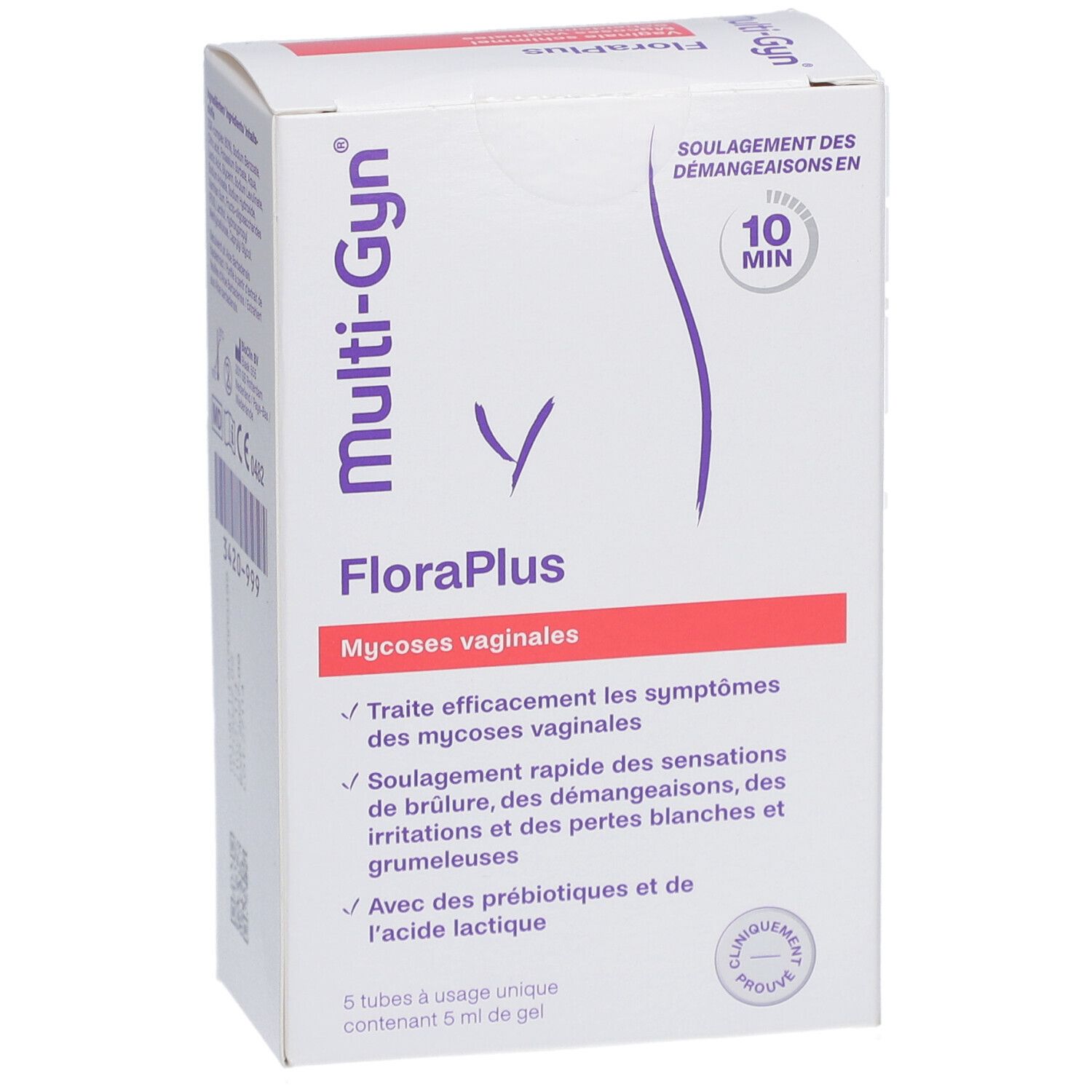 Verpakking Multi-Gyn FloraPlus. Opschrift: Vaginale schimmel, verlicht jeuk binnen 10 min. Bevat 5 tubes.
