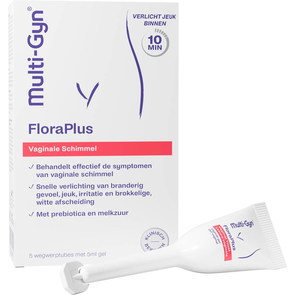 Verpakking Multi-Gyn FloraPlus met tube. Opschrift: Vaginale schimmel, verlicht jeuk binnen 10 min. 5 tubes.
