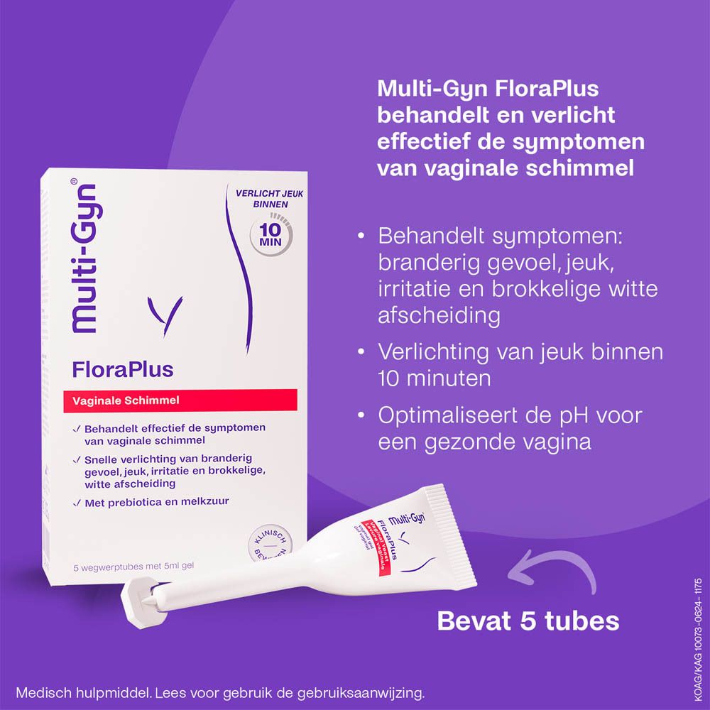 Verpakking Multi-Gyn FloraPlus en tube. Opschrift: Vaginale schimmel, verlicht jeuk binnen 10 min. 5 tubes.