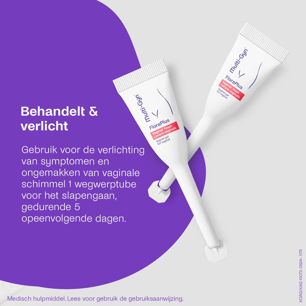Twee tubes Multi-Gyn FloraPlus. Opschrift: Vaginale schimmel, verlicht jeuk. Voor 5 dagen.