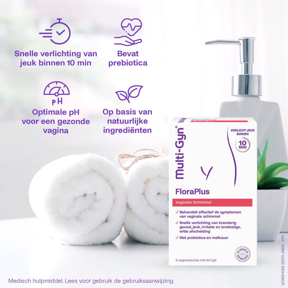 Verpakking Multi-Gyn FloraPlus met iconen. Opschrift: Vaginale schimmel, verlicht jeuk binnen 10 min. Bevat prebiotica.