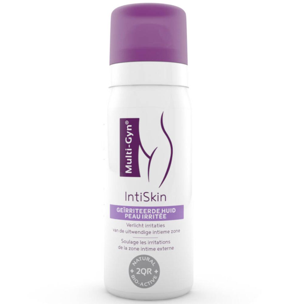 Weißes Spray mit lila Kappe. Aufschrift Multi-Gyn IntiSkin. Beschriftung für gereizte Haut. Mit 2QR-Komplex.