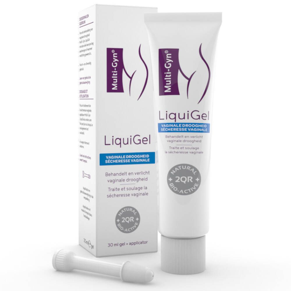 Tube et emballage avec nom et logo du produit. Un applicateur est à côté. Inscription : LiquiGel.