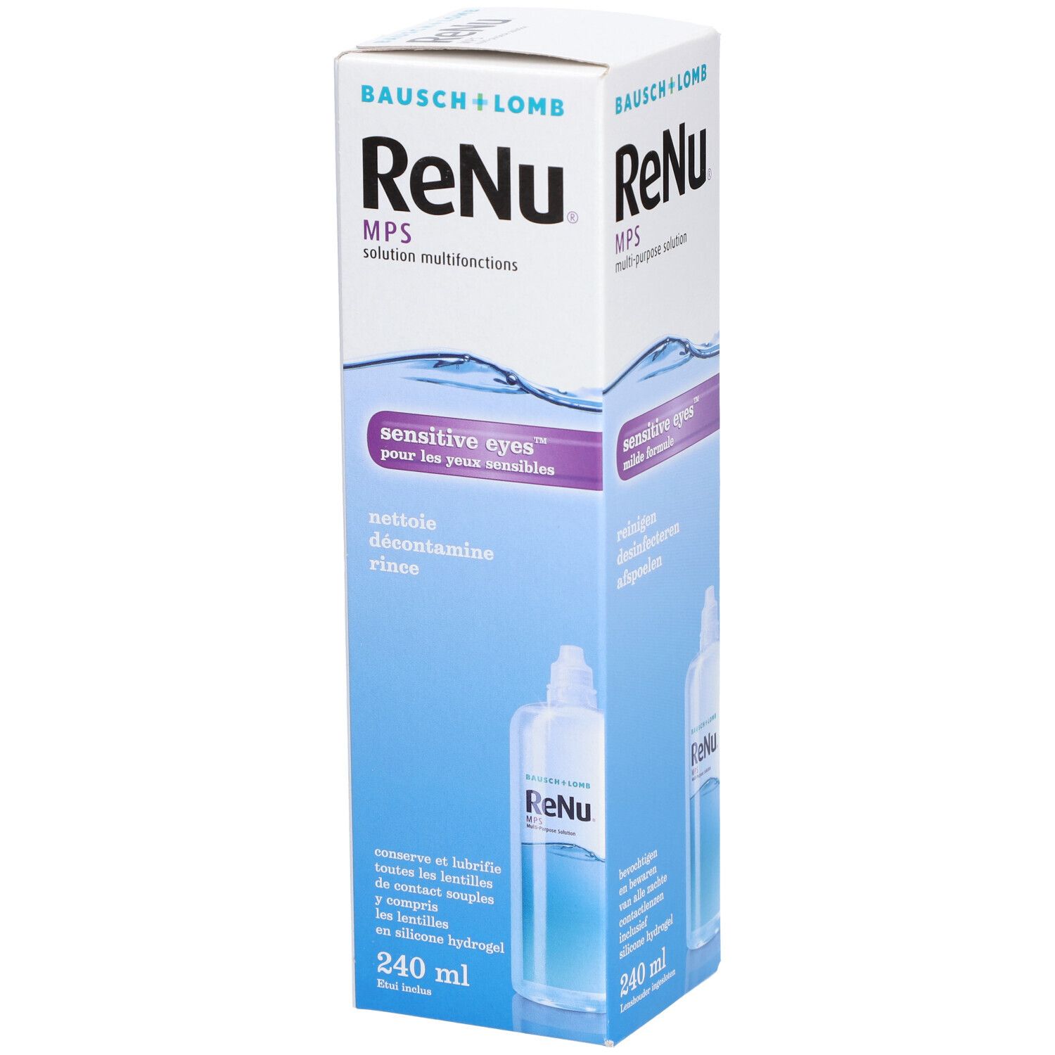 Verpackung von ReNu MPS, Mehrzwecklösung für empfindliche Augen. Enthält 240 ml. Marke Bausch + Lomb.