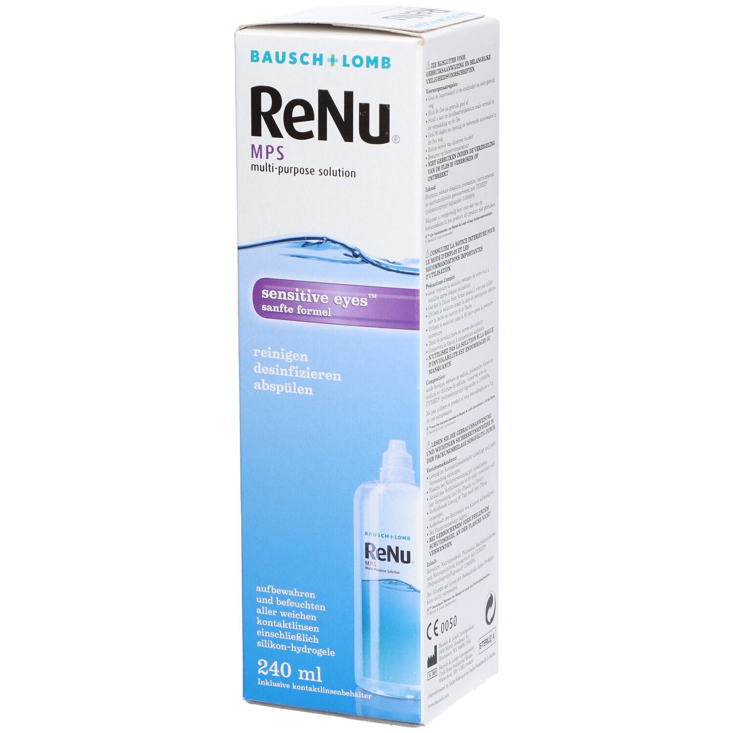 Verpackung von ReNu MPS, Mehrzwecklösung für empfindliche Augen. Enthält 240 ml. Marke Bausch + Lomb.