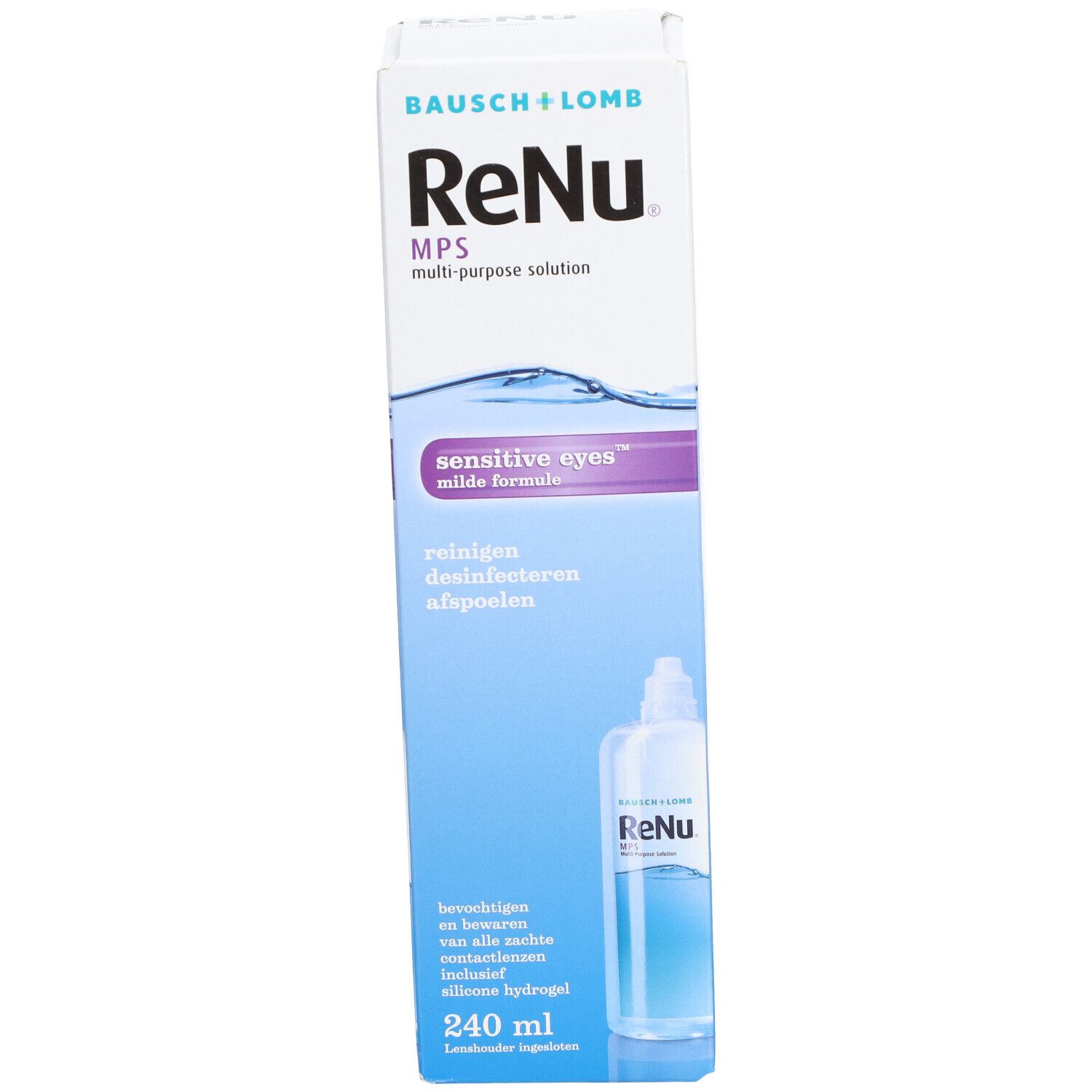 Verpackung von ReNu MPS, Mehrzwecklösung für empfindliche Augen. Enthält 240 ml. Marke Bausch + Lomb.