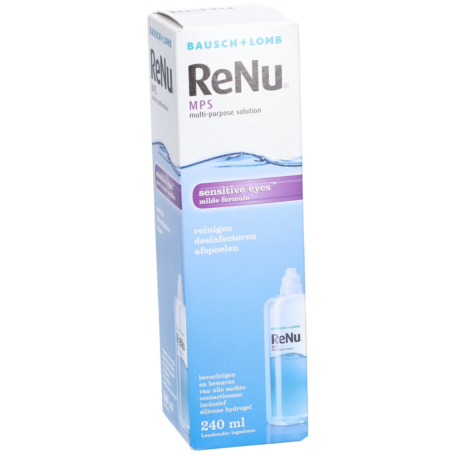 Verpackung von ReNu MPS, Mehrzwecklösung für empfindliche Augen. Enthält 240 ml. Marke Bausch + Lomb.