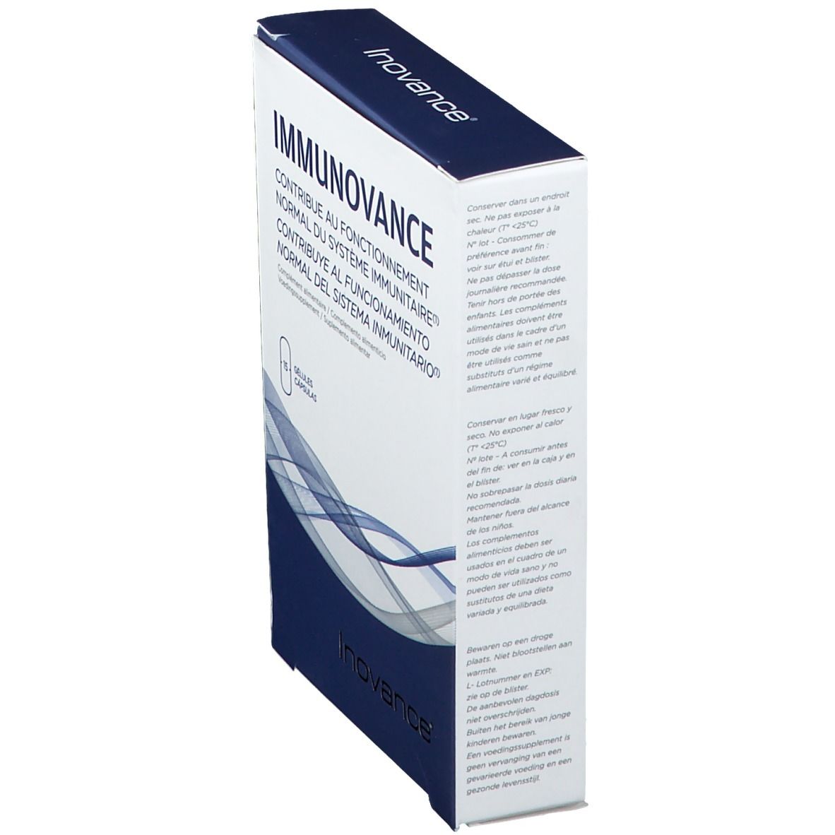 Boîte Inovance Immunovance, en biais. Inscription: Contribue au fonctionnement normal du système immunitaire. 15 gélules. Vue latérale.