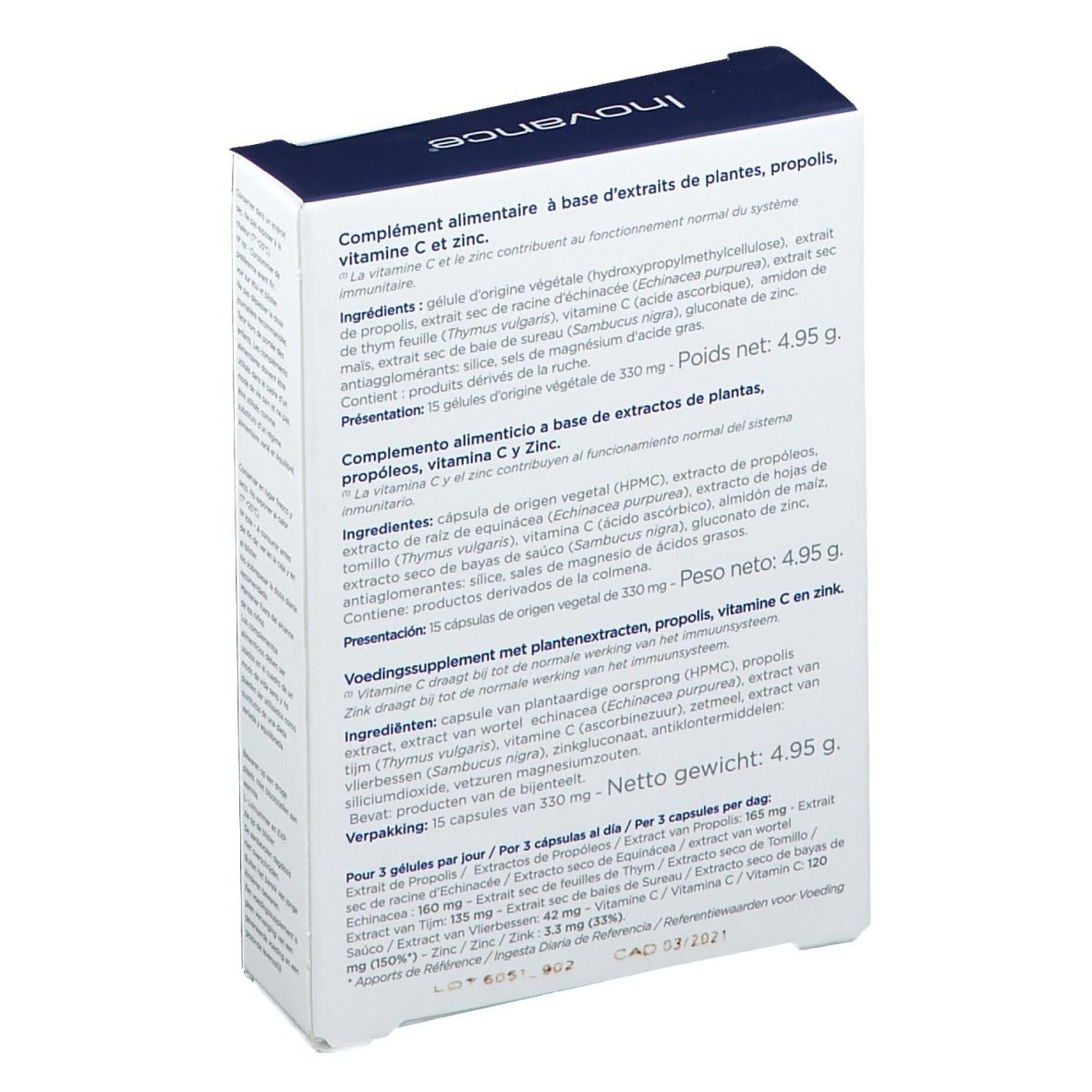 Dos de la boîte Inovance Immunovance. Liste des ingrédients, poids net 4,95 g. 15 gélules.