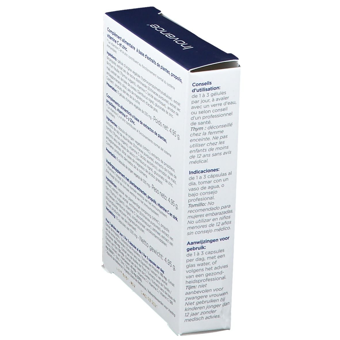 Côté de la boîte Inovance Immunovance. Conseils d'utilisation, poids net 4,95 g. 15 gélules.