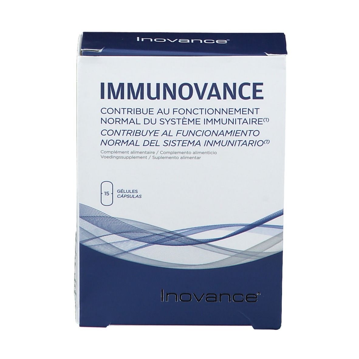 Boîte Inovance Immunovance. Inscription: Contribue au fonctionnement normal du système immunitaire. 15 gélules.