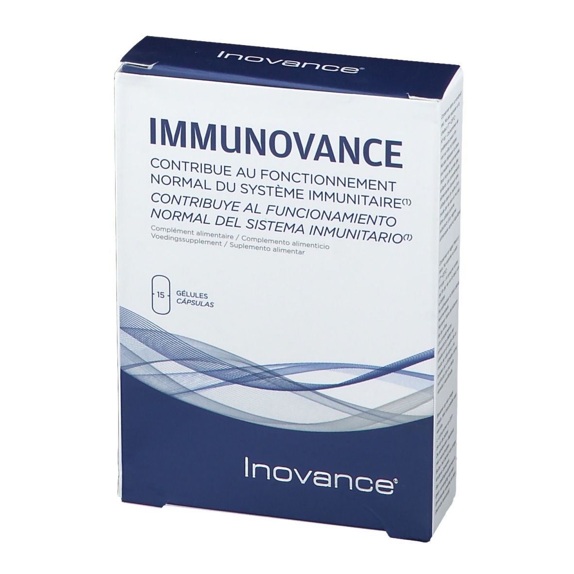 Boîte Inovance Immunovance, légèrement en biais. Inscription: Contribue au fonctionnement normal du système immunitaire. 15 gélules.