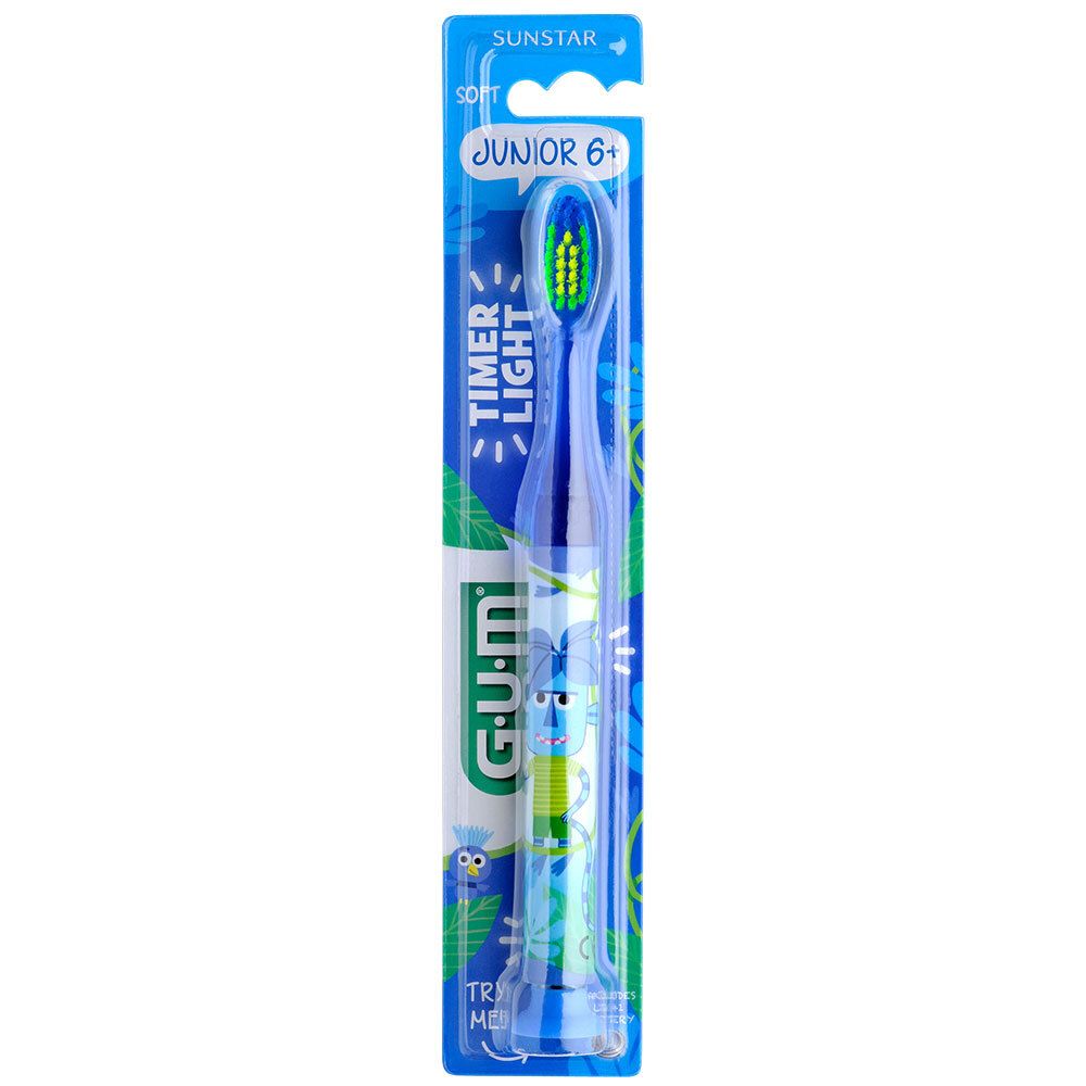 Brosse à dents GUM Junior 6+ avec manche bleu et poils verts. Emballée dans un blister. Avec Timer Light.