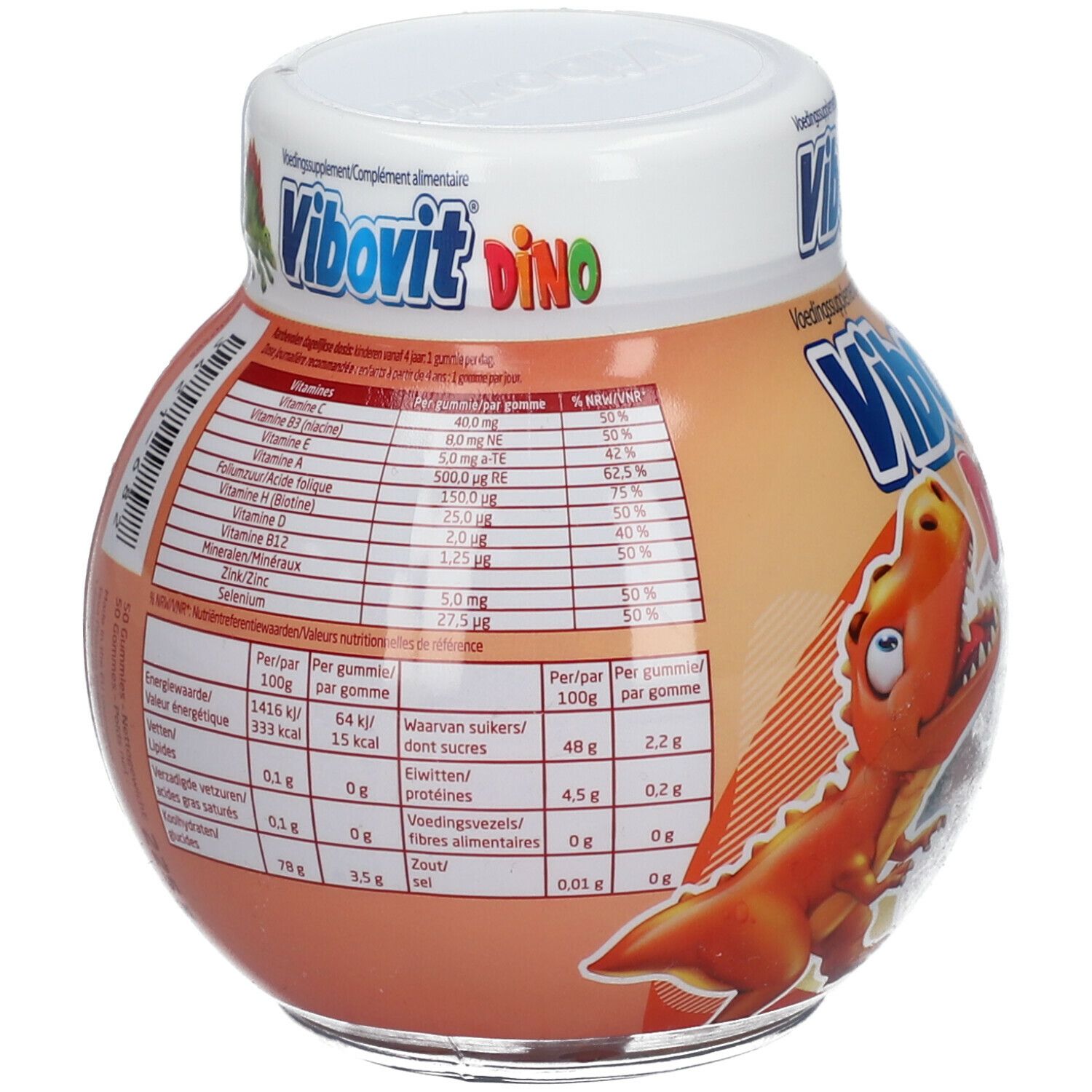 Ronde pot Vibovit Dino gummies. Etiket met voedingswaarde-informatie en een oranje dinosaurus cartoon.