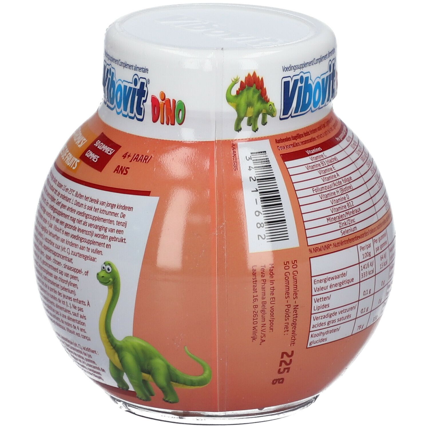 Ronde pot Vibovit Dino gummies. Dinosaurus illustraties en productinformatie. Witte deksel.