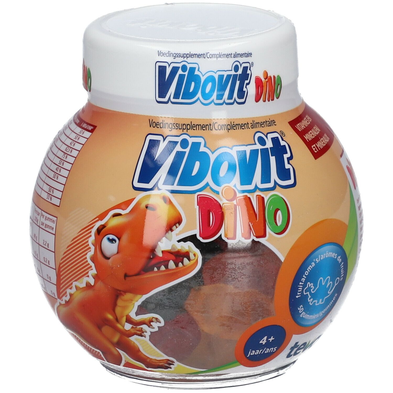 Pot Vibovit Dino gummies. Gummies zichtbaar. Oranje etiket met dinosaurus illustraties en productnaam.