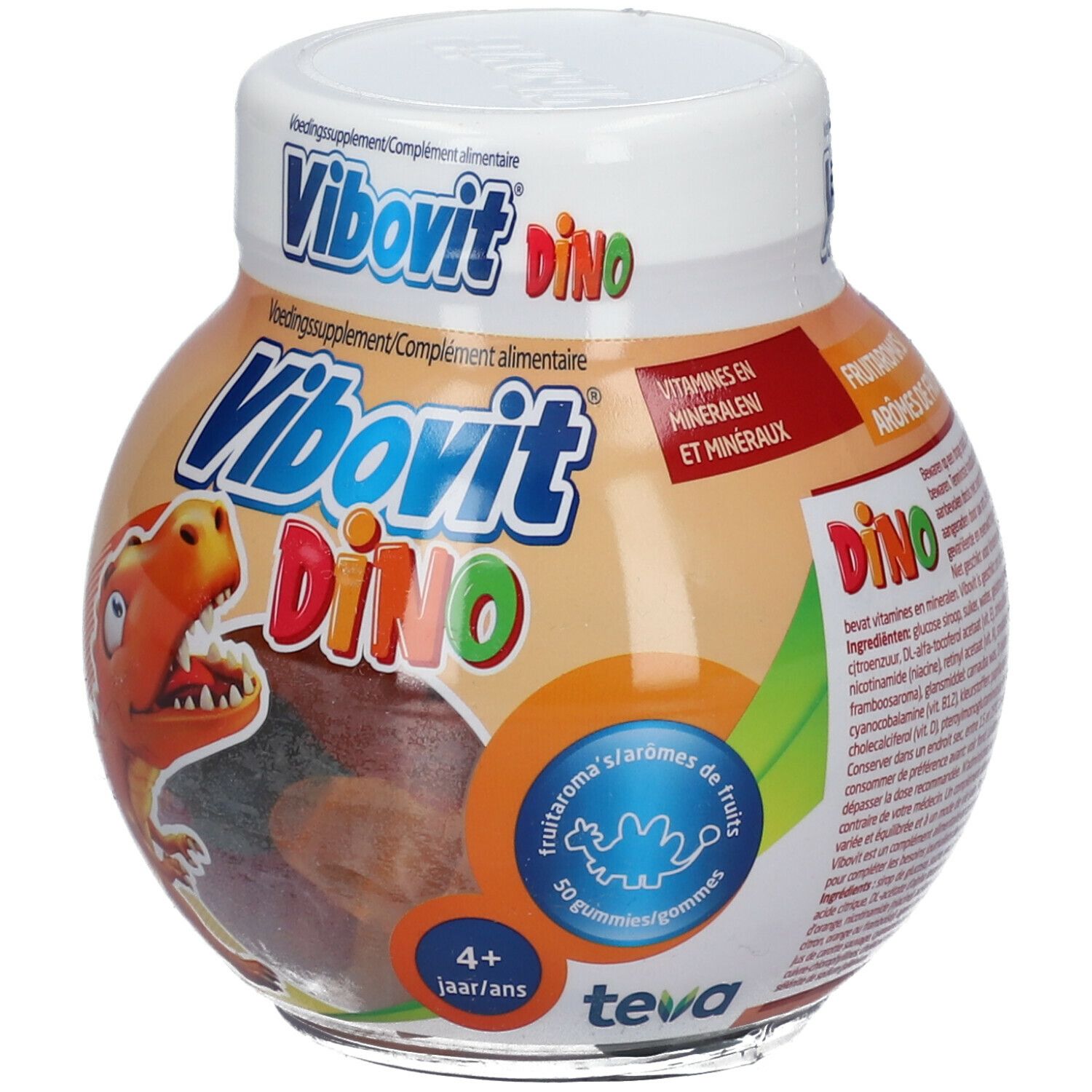 Pot Vibovit Dino gummies. Oranje etiket met dinosaurus illustraties en productinfo. 50 gummies.