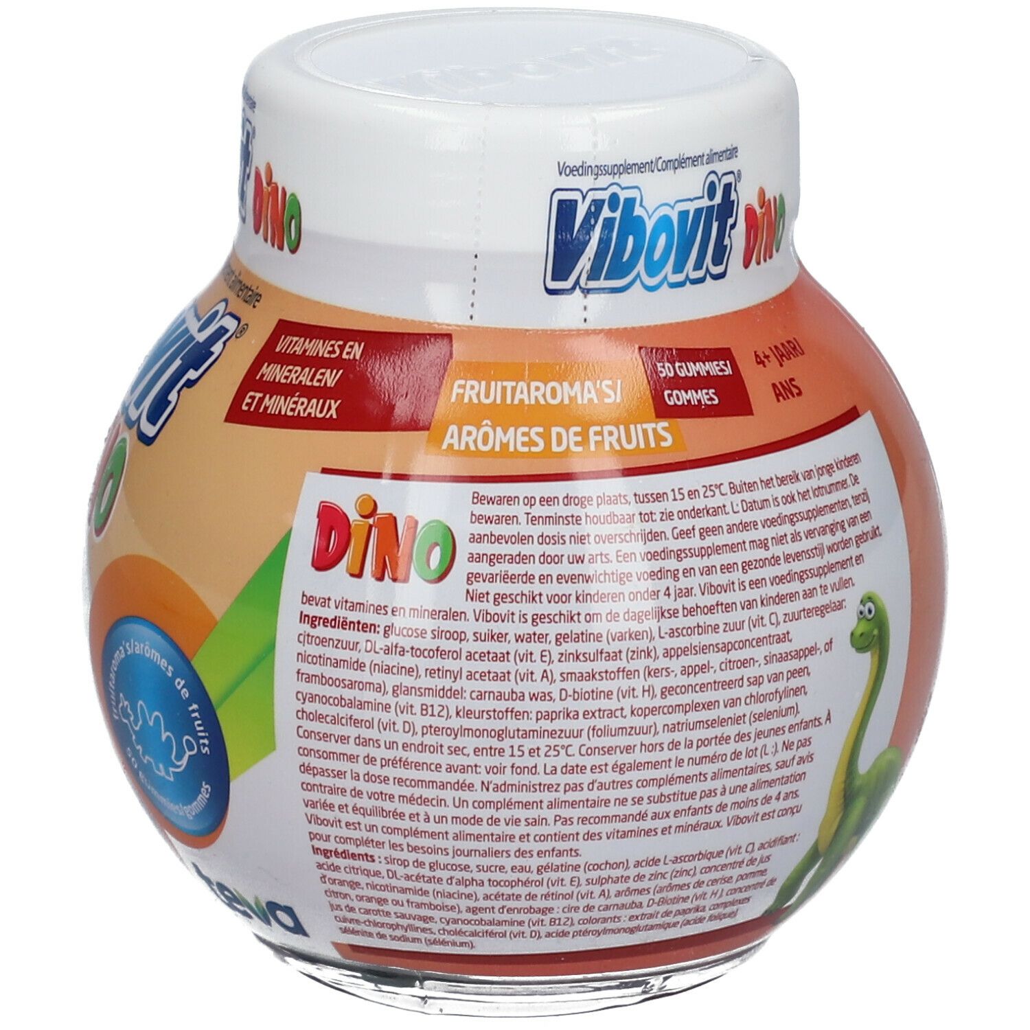 Pot Vibovit Dino gummies. Etiket met productinfo en dinosaurus illustraties. 50 gummies.
