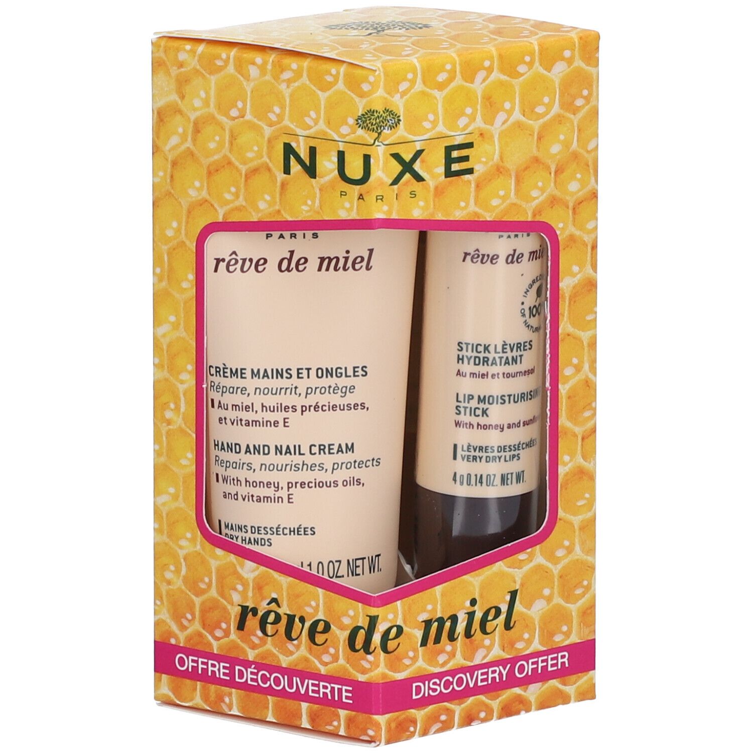 Geschenkset met hand- en nagelcrème en lippenbalsem. Gele verpakking met honingraatmotief.