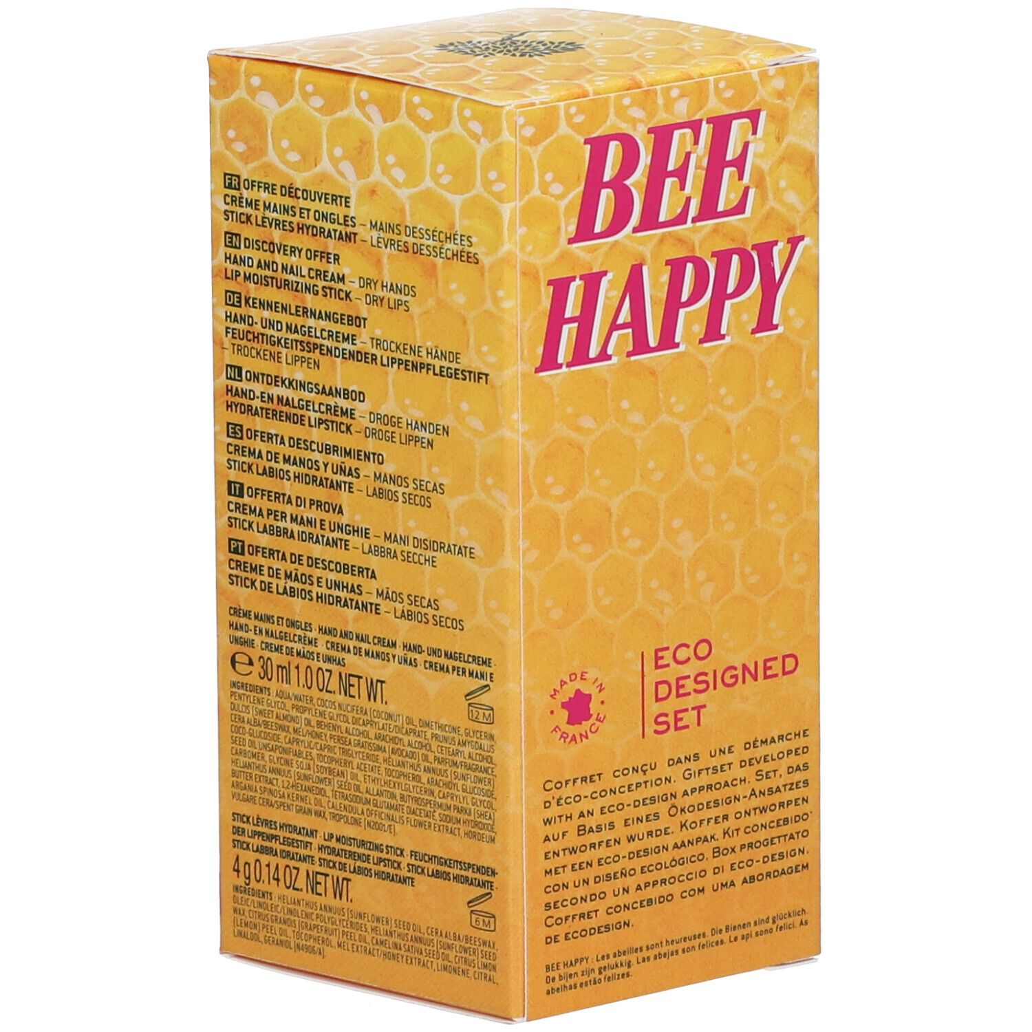 Achterkant van de geschenkverpakking met productnamen en informatie. Meertalige tekst, Eco-Design logo.
