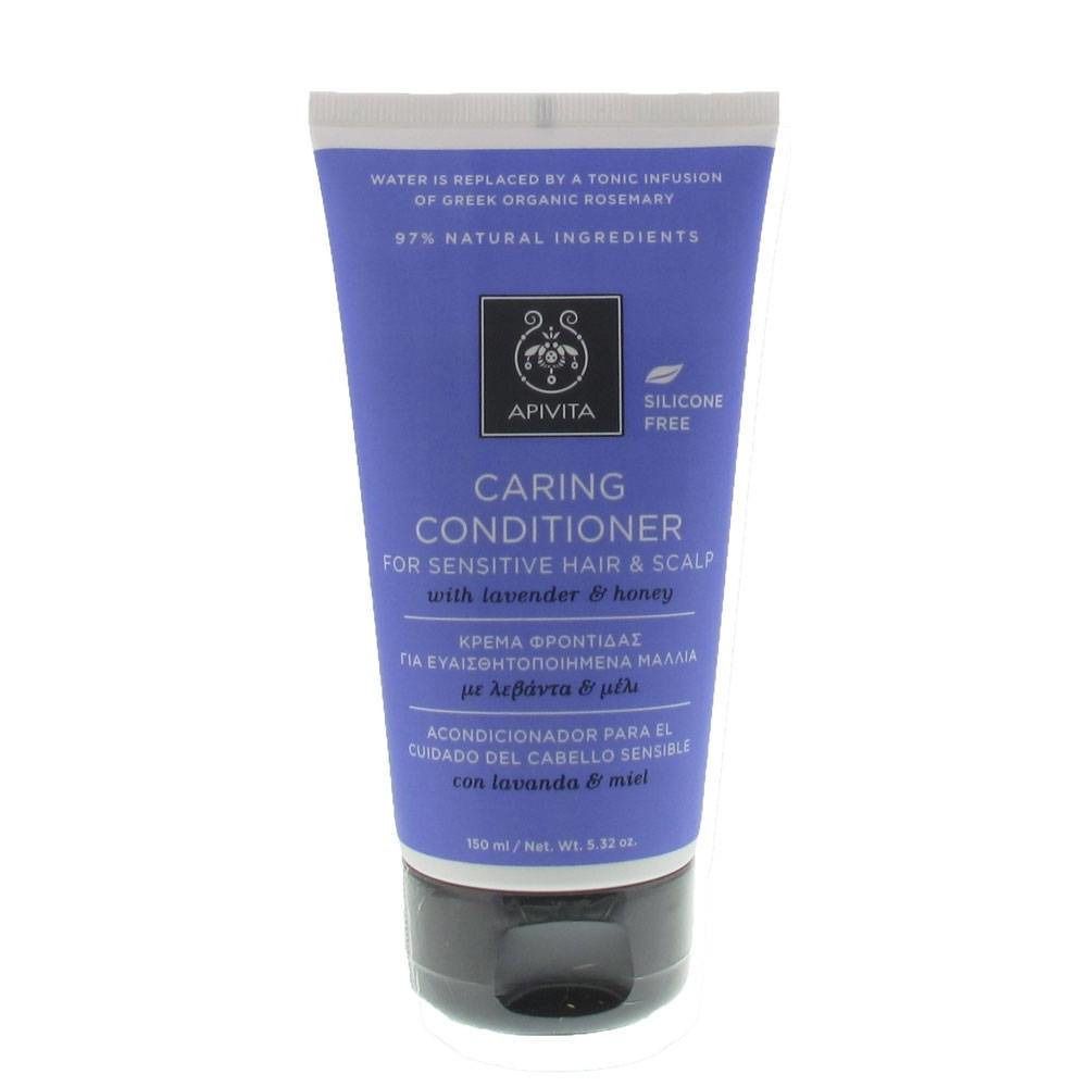 Blauwe tube met zwarte dop. Opschrift: Caring Conditioner voor gevoelig haar & hoofdhuid. Merk: Apivita.