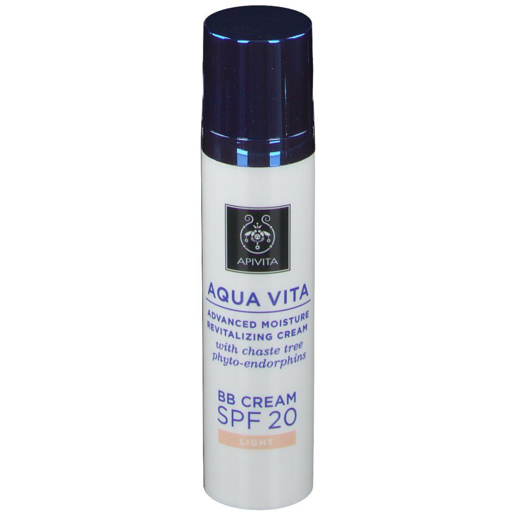Witte tube met blauwe dop. Opschrift: Apivita Aqua Vita BB Cream SPF 20 Light. Productafbeelding.