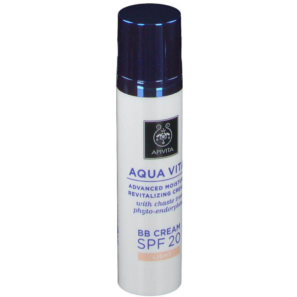 Witte tube met blauwe dop. Opschrift: Apivita Aqua Vita BB Cream SPF 20 Light. Productafbeelding.